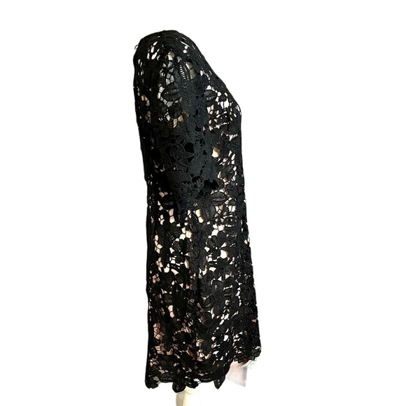 Leslie Fay Black Lace Dress Floral Sheath Round Neck Midi with Pink Slip-Size 8 - Picture 3 of 14